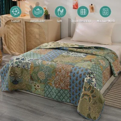 Produktbild von Ibenzoa® Patchwork-Tagesdecke aus 100% Baumwolle – Wendbarer, gesteppteter Bettüberwurf 150 x 200 cm für Einzelbett (90/100 x 200), Blumen- & Patchwork-Design, 1450 g