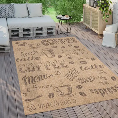 Produktbild von Paco Home Outdoor Teppich Wetterfest Balkon Küche Modernes Design Schriftzug Kaffee 80x150 cm