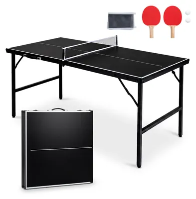 Produktbild von KOMFOTTEU Mini Tischtennisplatte klappbar, Tischtennistisch wetterfest mit Netz, Schlägern & Bällen, Ping Pong Table für Indoor & Outdoor (Schwarz)