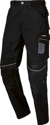 A pair of black work pants with multiple pockets and reflective accents, shown against a white background.
