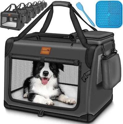 Productafbeelding van Opvouwbare Hondenbox - Hondentransporttas - Veilig Vervoer - Inclusief Likmat - 61 x 42 x 42 cm - Antraciet