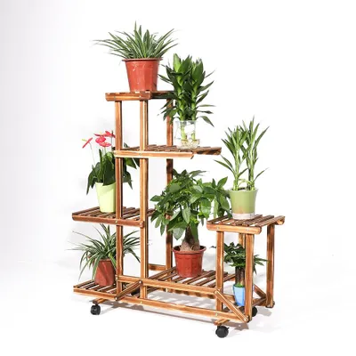 Image de FATIVO Étagère à fleurs sur roulettes, support à fleurs à 6 niveaux, escalier à fleurs en bois, étagère à plantes balcon salon jardin, 95×25×102cm