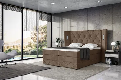 Produktbild von MEBLINI King Boxspringbett mit Bettkasten - Gepolstert Doppelbett mit Matratze und Topper - Polsterbett mit Stauraum - Bett mit LED Kopfteil - Stauraumbett - MANUEL - 180x200 - H4/Braun Samt