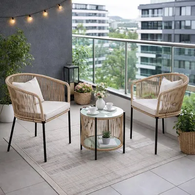 Produktbild von Balkonset Gartenset Bistro Set Gartenmöbel Set Outdoor Rope Sitzgruppe Beige