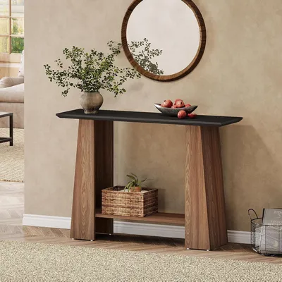 Produktbild von Konsolentisch mit 2 Ablagen 120 cm Mid-Century Modern Holztisch Schwarz & Walnuss