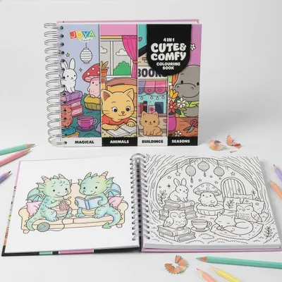 Productafbeelding van Joya Creative Cute Comfy Colouring Book 4-in-1 – 164 Kleurplaten voor Volwassenen en Kinderen met Magical Animals, Buildings & Seasons