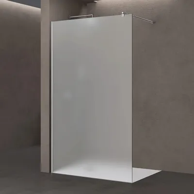 A frosted glass shower wall in a modern bathroom setting.