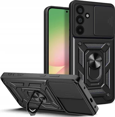 A black phone case with a ring holder and camera cover is displayed against a white background. Another view of the case is shown in the foreground, propped up.