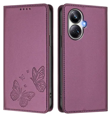 Produktbild von Lederhülle für Realme 10 Pro+, Schmetterling Prägung Leder Brieftasche Schutzhülle mit Ständer Lila