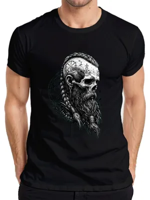 Productafbeelding van Vikings: T-shirt met afbeelding van een schedel, baard, runen, een Noords krijger, Scandinavië, Odin, "Herren" (herenmodel), zwart, maat XL