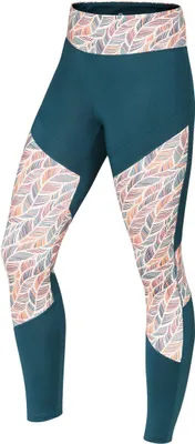 Rhea Leggings von Ocun in dunkeltürkis mit buntem Blattmuster.
