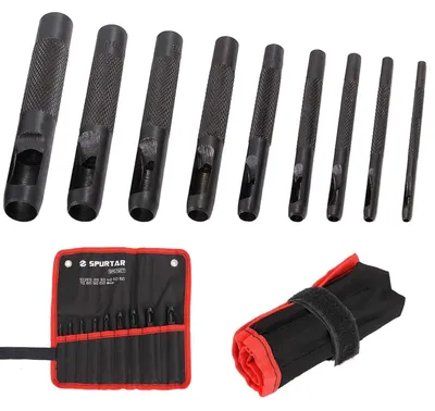 Immagine prodotto di Set di 9 punzoni per fori rotondi, da 2,5 a 10 mm, in acciaio temprato, per pelle e gomma