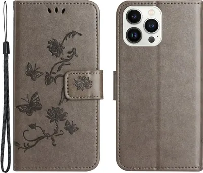 Produktbild von iPhone 15 Pro Max Hülle - Coverup Blumen & Schmetterlinge Klapphülle - Taupe Grau