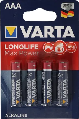 A retail package of VARTA AAA alkaline batteries.