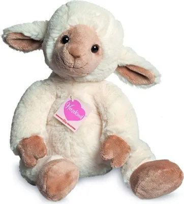 A plush toy lamb sitting down against a white background.