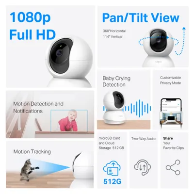 Productafbeelding van TP-Link Tapo C200P2, Beveiligings-IP-camera, Binnen, Draadloos, 2400 MHz, Voor op een tafel, Zwart, Wit