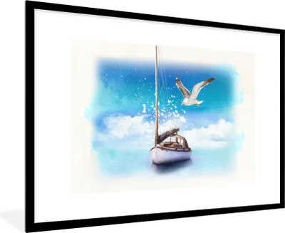 Produktbild von MuchoWow® MuchoWow® Gerahmtes Poster Boot - Wasser - Möwe 90x60 cm - Poster mit zchwarzem Bilderrahmen - Wanddekoration - Fotos