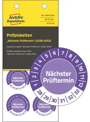 Obrázek produktu pro Kontrolní štítky. Další kontrola: 2028-2033. Vinyl, průměr 30 mm, 80 kusů