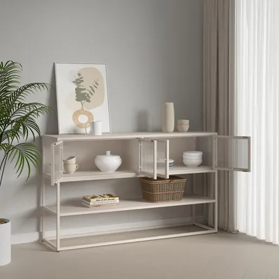 Produktbild von Sideboard 'Säkylä' mit 4 Glastüren 2 Innenfächern und 1 Ablage Vitrinenschrank 150 x 38 x 90 cm Stahl Kamelfarben