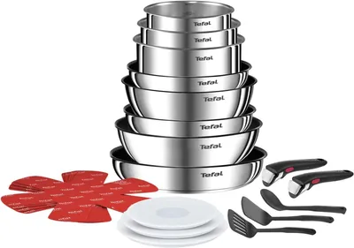A stack of Tefal pots and pans with accessories.