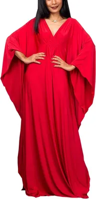 Produktbild von Damenkaftan-Kleid im Boho-Stil mit Blumenmuster, rot, geeignet für Strand und Schwimmbad