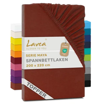 Zdjęcie produktu dla Lavea® Prześcieradło z gumką do materaca z dodatkową warstwą, 200x220 cm, kolekcja Maya, 100% bawełna dżersej – Miękkie prześcieradło z gumką, przeznaczone do materacy z dodatkową warstwą do 10 cm - Kolor: Kastanowy