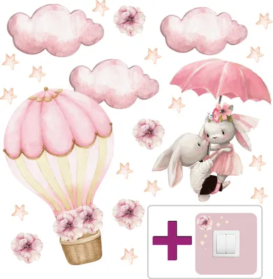 Produktbild von Wandsticker für Kinder – Rosa Häschen + passendes Set für den Lichtschalter. Bunte, selbstklebende Dekorationen für das Mädchenzimmer.