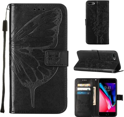 Image de coque pour iPhone 8 Plus, coque en cuir avec fentes pour cartes et support pour iPhone 8 Plus/ 7 Plus/ 6s Plus/ 6 Plus noir