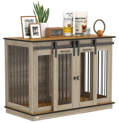 Produktbild von PawHut Hundekäfig, Hundehütte, Haustierkäfig mit Zweiraum, Doppeltüren, Eiche