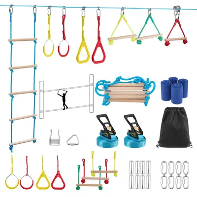 Produktbild von Ninja Slackline Hindernisparcours für Kinder - 15 m Outdoor Spielset - 8 Hindernisse - Ringe & Monkey Bars - Baumprotektoren & Ratsche - Seilrutsche