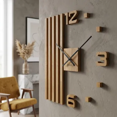 3D-Wanduhr aus Eichenlamellen, 60 cm, modern, schwarze Zeiger
