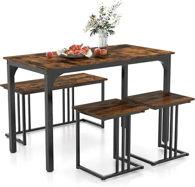 Immagine prodotto di Tavolo da pranzo con panca e 2 sgabelli, set da 4 per tavolo da cucina, set da pranzo industriale per cucina, sala da pranzo, ristorante, tavolo da bar con sedie, set di sedute in stile vintage (120 x 60 x 75 cm, marrone)