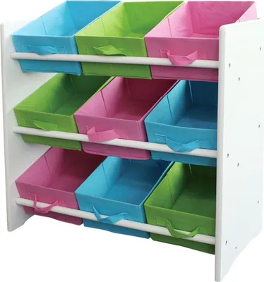 Produktbild von BURI Kinderregal mit 9 bunten Stoffboxen | Kinderzimmerregal aus Holz mit stabilen Seitenwänden | Kindermöbel Regal zur Aufbewahrung von Spielzeug, Büchern & Kleidung | 66x64,5x30 cm, Farbe:weiß (Seitenteil)
