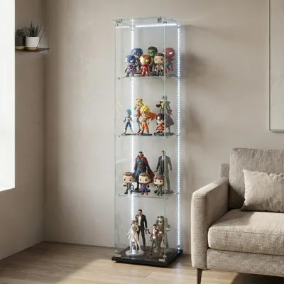 Productafbeelding van Glazen vitrine met LED-verlichting, 4 etages, 1 deur, slot, zwart