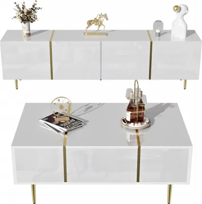 Produktbild von Fortuna Lai Moderner Hochglanz-Weiß TV-Schrank und Couchtisch Set