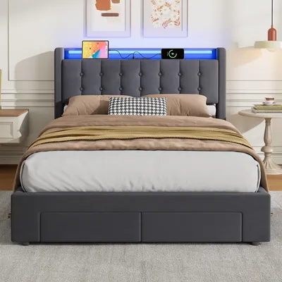 Produktbild von okwish Polsterbett 140×190 mit LED-Licht und Schubladen, Boxspringbett mit Steckdosen und Stauraum-Kopfteil, Jugendbett Grau,ohne Matratze