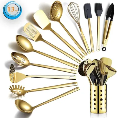 Image de Set d'ustensiles de cuisine en or avec dorure au titane 13 pièces Porte-ustensiles