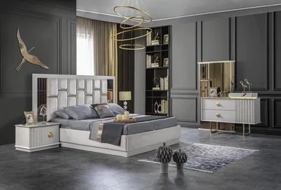 Immagine prodotto di Camera da letto Bianca elegante Letto completo 2x comodini Cassettiera con specchio