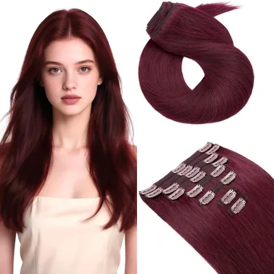 Image de Extensions de cheveux naturels à clipser, double tresse, 8 pièces, 60 cm, couleur bordeaux, 170g