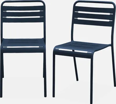 Two navy blue metal garden chairs are shown against a white background.