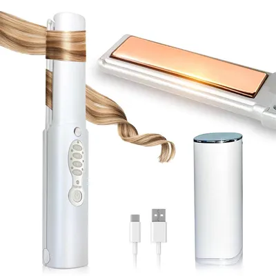 Produktbild von 2 in 1 Glätteisen Kabellos mit 5000mAh Akku,Lockenstäbe, 3 Einstellbare Temperaturen Schnelleres Erhitzen für alle Haartypen,170°C-210°C,Weiß