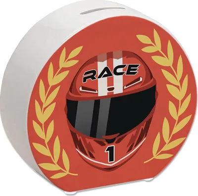 Produktbild von Motorsport-Helm Spardose in rot mit Siegerkranz