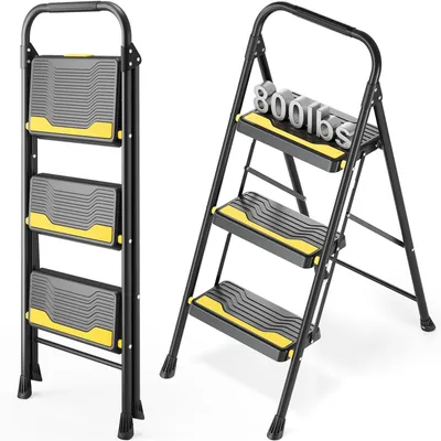 Imagen del producto de Escalera de 3 peldaños con capacidad de carga de 150 kg, peldaños anchos y antideslizantes, compacta, plegable, ideal para la cocina y el hogar