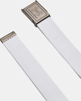 A close-up view of a white belt with a metal buckle.