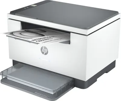 A white and gray HP printer with a document partially fed into the input tray and another document in the output tray.