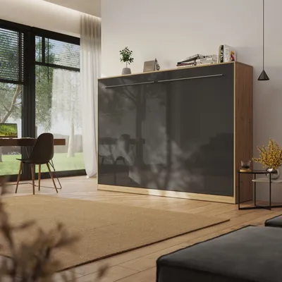 Produktbild von Schrankbett Standard 140x200 cm Horizontal Wildeiche / Anthrazit Hochglanz Wandklappbett