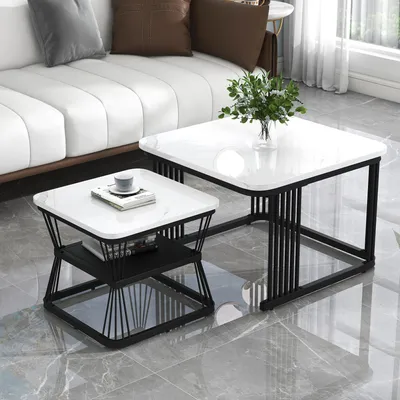 Productafbeelding van Bijzettafels, set van 2, MDF, marmerlook, stalen buizen, afmetingen 65x65x45 cm en 45x45x39,5 cm