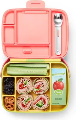 Produktbild von Munchkin Brotdose für Babys und Kleinkinder, mit 5 Fächern, Lunchbox/Jausenbox mit rostfreiem Edelstahlbesteck, ideal für Snacks zuhause oder unterwegs, BPA-frei - Gelb/Rosa