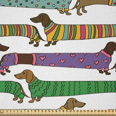 Produktbild von ABAKUHAUS Hundeliebhaber Microfaser Stoff als Meterware , Karikatur-Art-Dackel gekleidet in Pyjamas Chevron zeichnet Tupfen und Herzen, 10 M (230 x 1000 cm), Mehrfarbig