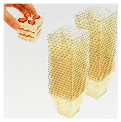 Produktbild von Set von Desserttassen, 50 Stück 70ml Desserttassen und 50 Löffel, Wiederverwendbare quadratische Plastikbecher, DIY Dessertschalen für Pudding, Mousse, Eiscreme und Desserts